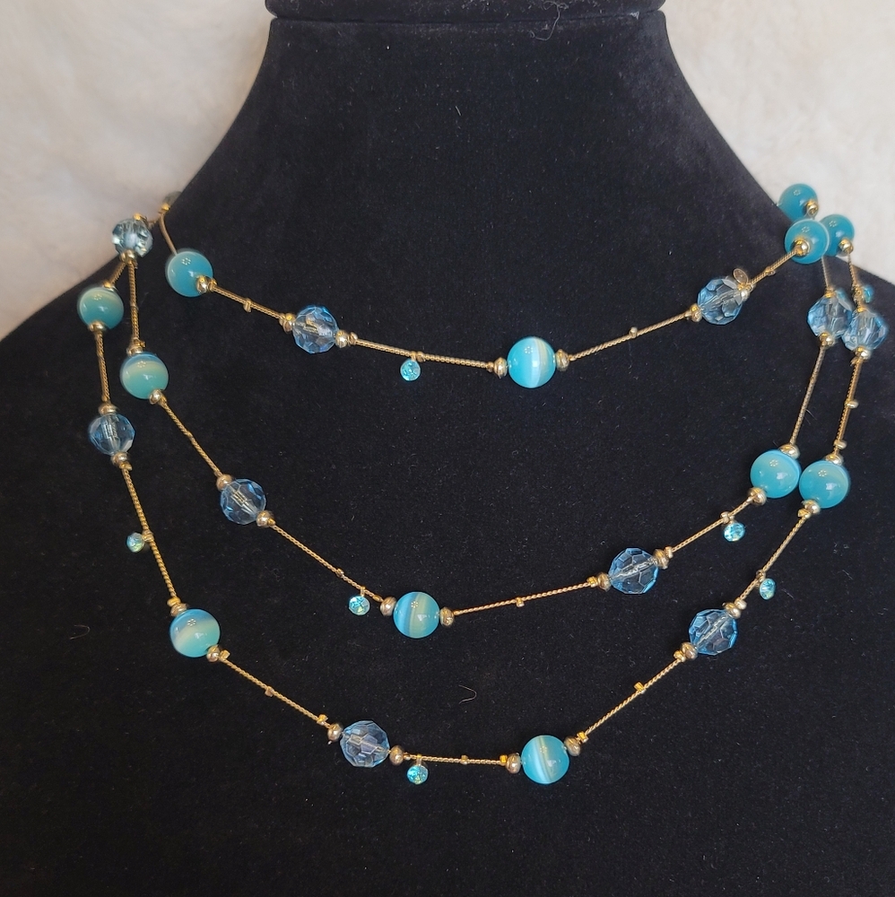 Long Blue Catseye Illusion Necklace - Vintage, Estate, 60", Versatile Styling